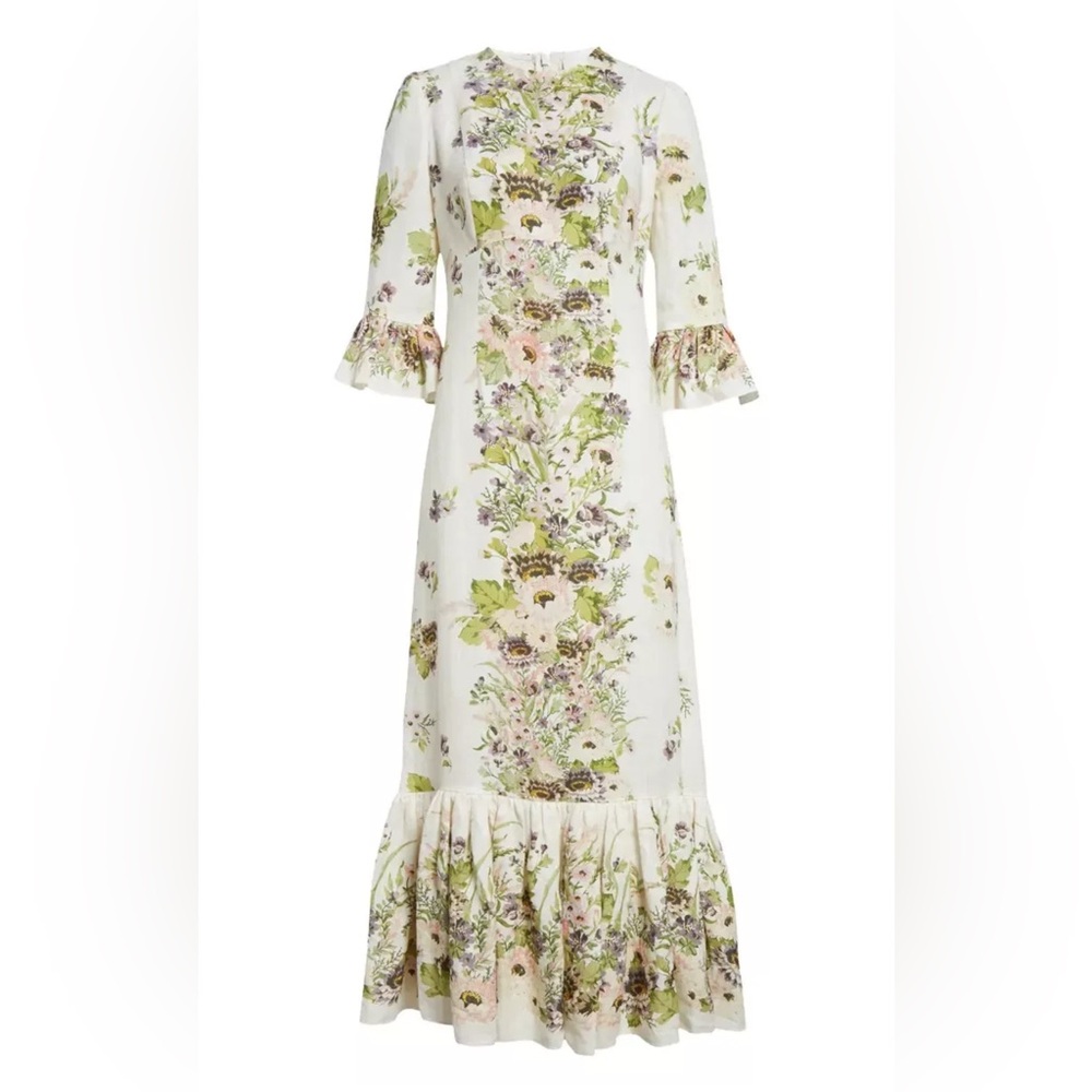 Zimmermann Halliday Floral Frill Sleeve Linen Dress